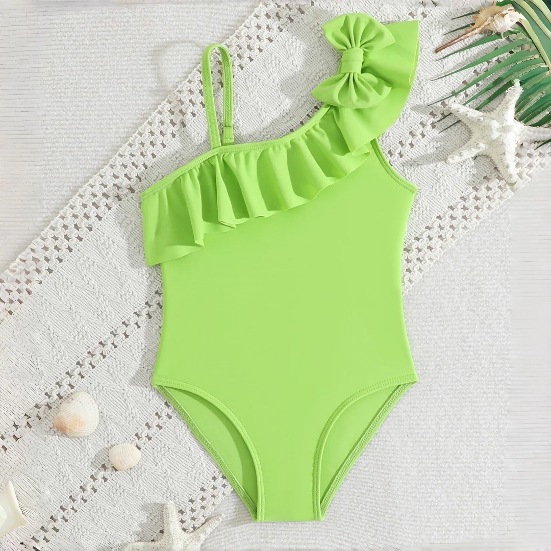 Kids Girls' One-Piece Swimsuit Solid Color Girls' One-Shoulder Swimwear with Ruffle Details Baby Girls Bathing Suit Beach Wear