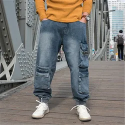 Mens Oversized Hip Hop Harem Jeans Loose Fit Cargo Denim Trousers With Multi Pockets Baggy Skateboard Pants Plus Size M-6XL