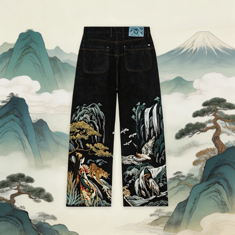 

Harajuku Landscape Crane Embroidered American Retro Denim Pants Men Baggy Straight Leg Streetwear Y2K Casual Male Jeans Unisex