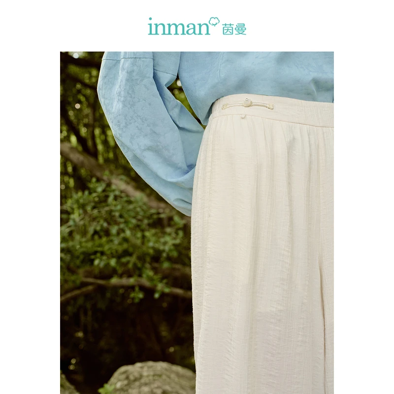 INMAN Women Pants 2023 Autumn Disc Buckle Waist Decoration Straight Loose Wide-leg Trousers Chinese Retro Apricot Casual Pant