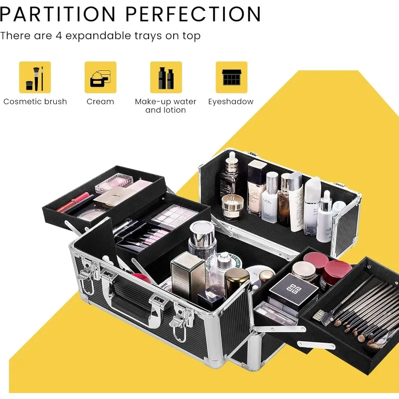 Makeup Rolling Train Case Aluminum Trolley Professional Cosmetic Organizer Box (Cosmetic Are Not Included)