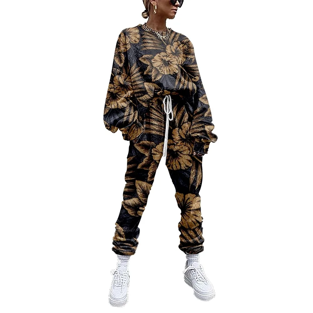 

Women Tracksuit Hawaii Flower Print 2 Piece Outfit Sweatshirt+Straight Sweatpants Matching Set Fitness Sporty Streetwear