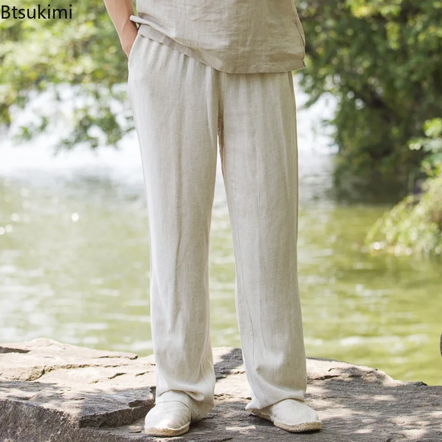 2025 Men's Summer High Quality Linen Casual Pants Fashion Loose Thin Ice Silk Straight Leg Pants Cotton Linen Wide Leg Trousers