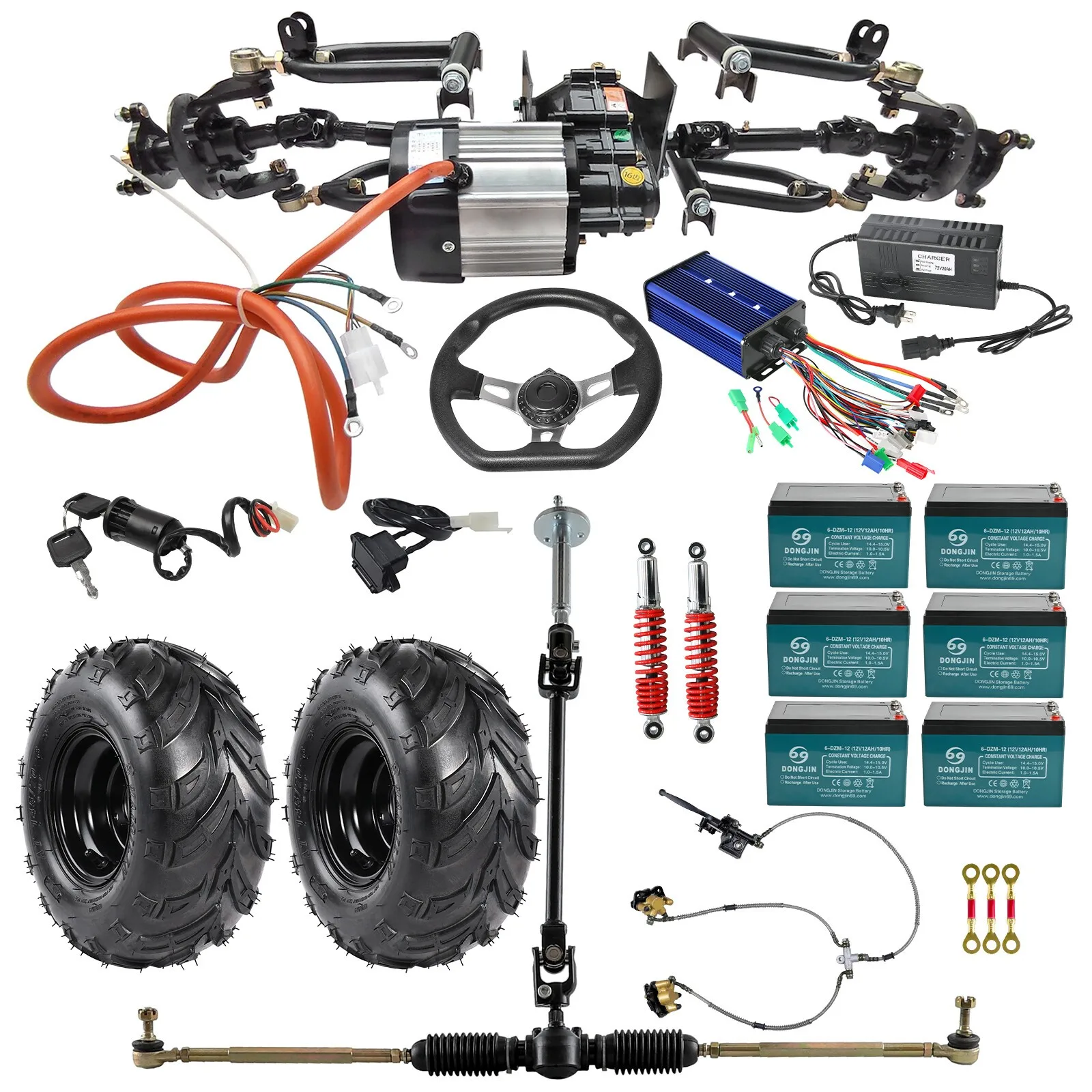 

Go Kart Front Drive Axle Kit Half Shaft Swing Arm 72v 1500W Motor 145/70-6 Black Wheels for ATV Golf Cart