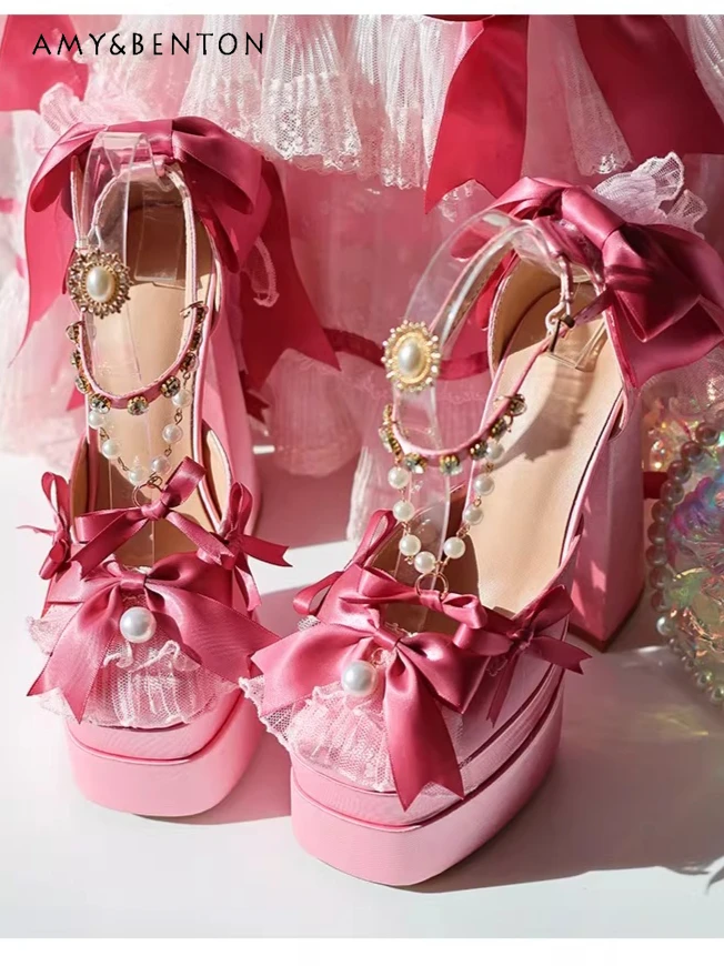 

Lolita Original Y2K Subculture Gothic Thick-Soled High Heels Women Sweet Cute Bow Pearl Lace Patchwork Round Toe Chunky Heels