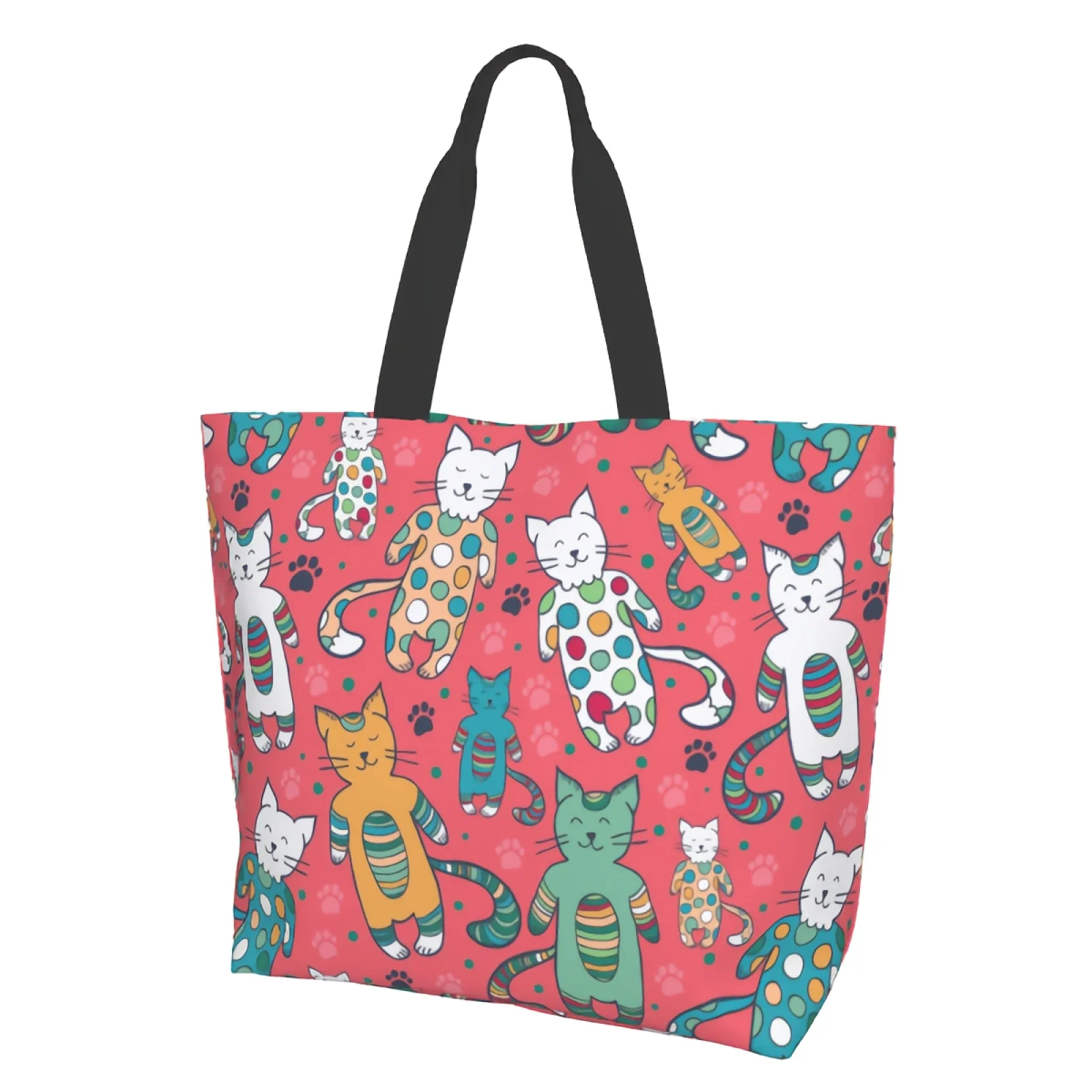 Cute Cats White Green Orange Pussy Kitten Paw Print Canvas Tote Bag Grocery Bags Bulk Large Casual Shopping Shoulder Handbag