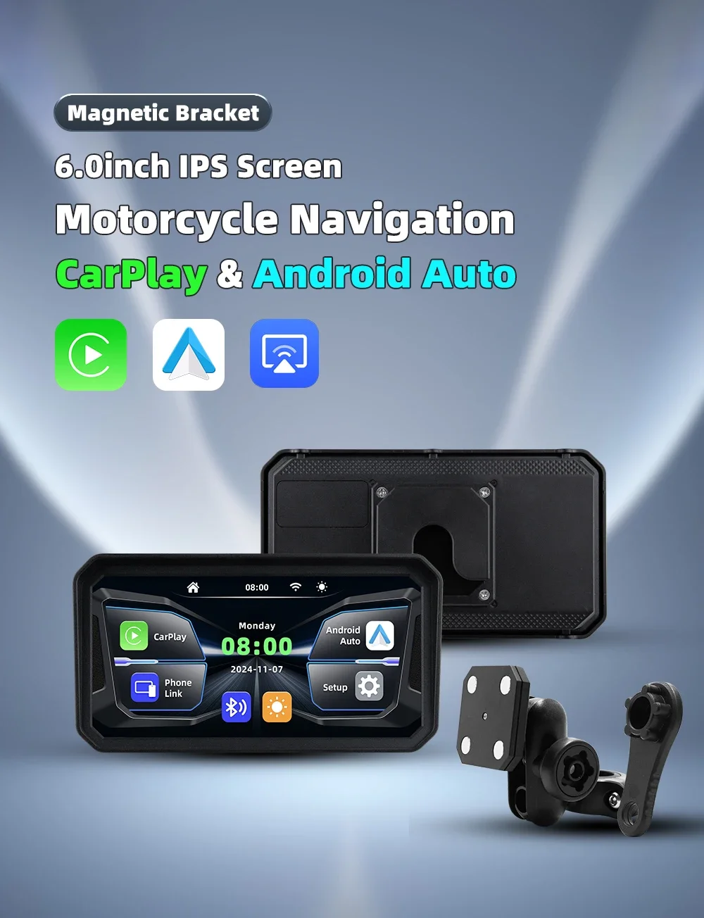 

2025 Motorcycle GPS with 6" IPS Screen, Wireless CarPlay / Android Auto, BT 5.0, IP67 Waterproof, 5GHz WiFi, Magnetic Mount