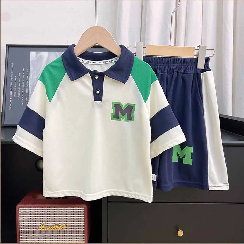 Summer Boys Casual Clothes Set Teenage Lapel T-shirts+Shorts 2Pc Kids Letter Top Bottom Outfits Fashion Tracksuits Suits 2-14Y