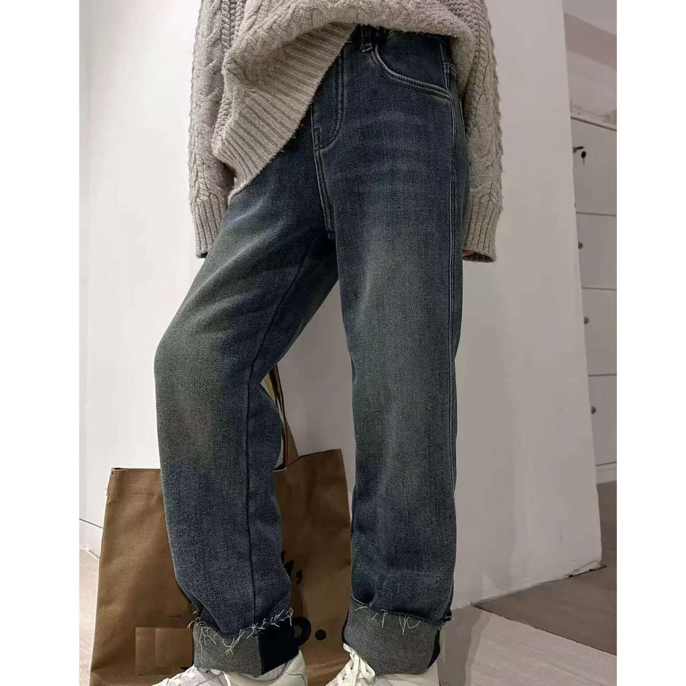 51561 winter warm 3-11 years Loose Kids Girls\' Jeans soft denim and fleece Girls Pants