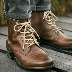 Men Motorcycle Boots  Ankle Vintage Retro Lace Up Zip Fashion Good Quality Brown Classics Casual Shoes For Male Plus Size 38-48