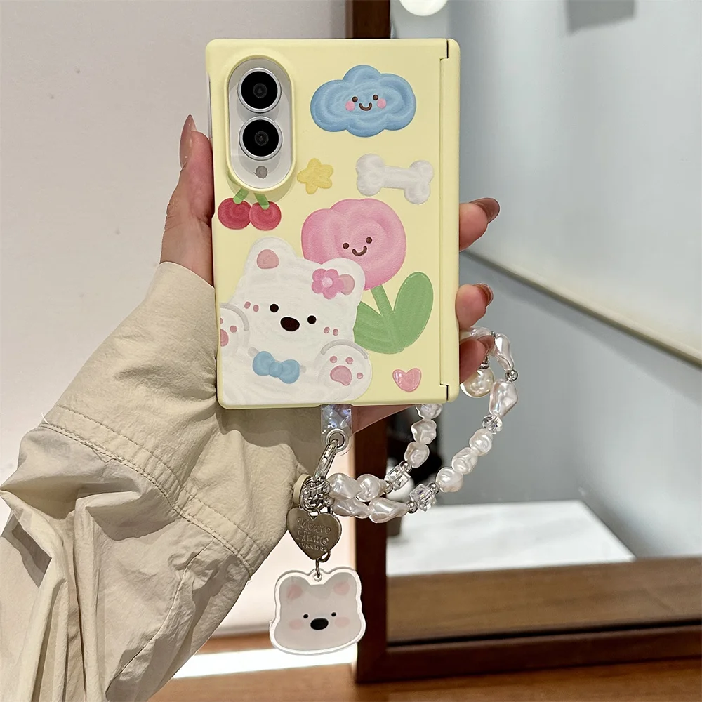 Korea cute tulip flower puppy Skin feel Phone Case for Samsung Galaxy Z Fold 8 Cover Shockproof Protective Chain Fold8 case
