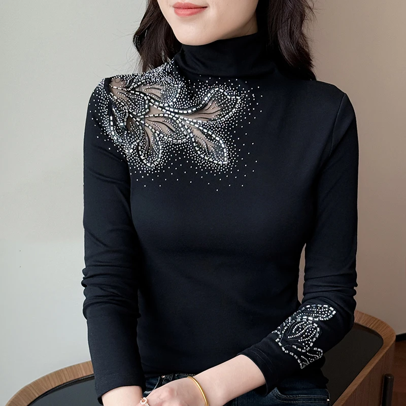 Spring 2026 New Turtleneck Long Sleeved Women\'s T-Shirt Fashion Sexy Hollow Out Hot Diamond Mesh Tops Black Elasticity Tees