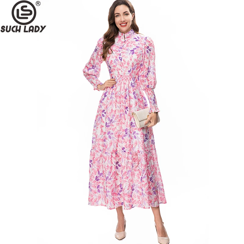 

Women's Runway Dresses Stand Collar Long Sleeves Floral Printed Single Breasted Bodice Fashion Designer Vestidos