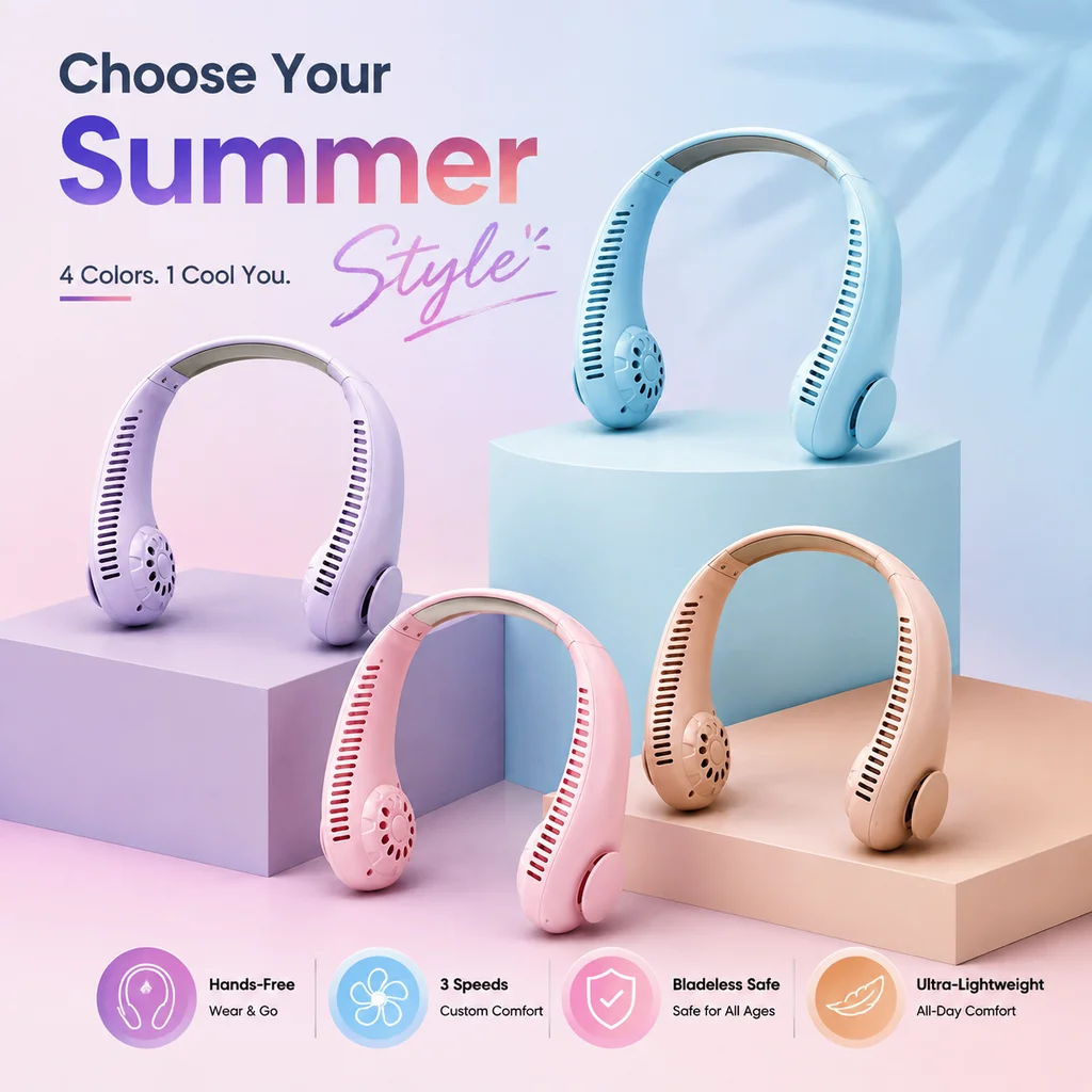 Portable Neck Fan Hands-Free Bladeless 360 Surround Airflow USB Rechargeable 3-Speed Cooler