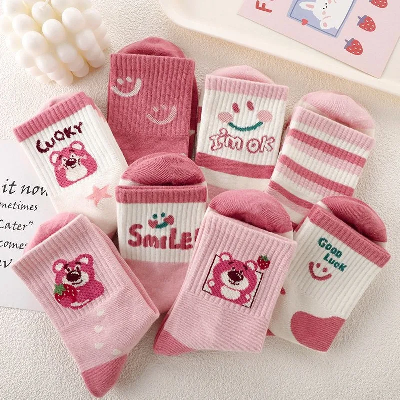 Kawaii Cute Disney Lotso Mid-Tube Socks Pink Combed Cotton Socks Candy Color Breathable Comfortable Ins Christmas Gift For Girls