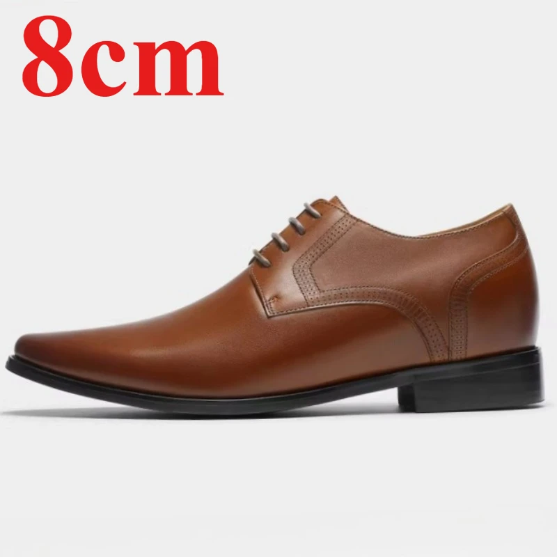 Brown Pointed Head Leather Shoes 6cm Elevator Men's Dress Shoes Male Height-increasing Footwear Genuine Leather Hand Derby Shoes