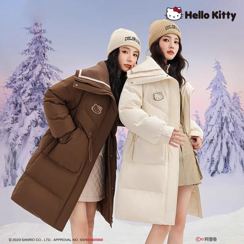 Hello Kittys Fluffy White Duck Down Jacket Women Winter Thickness Warm Long Puffer Coat Female Fashion Parkas Sweet Outwear Gift