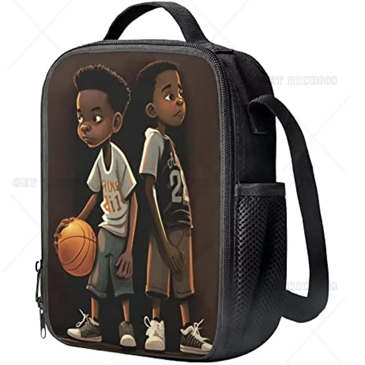 African Basketball Boys School Lunch Bag with Shoulder Strap Bento Lunch Box for Kids Food Bag with Bottle Holder