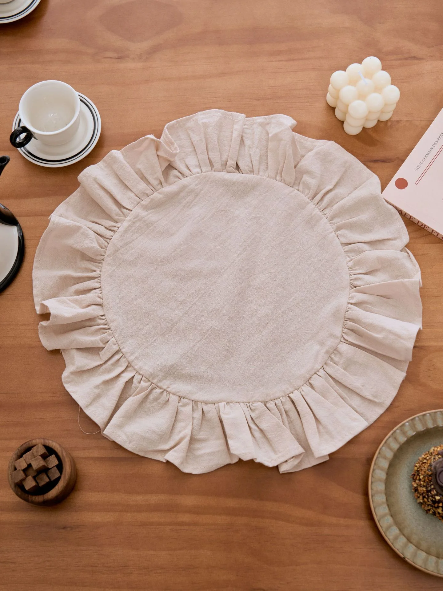 1/2/6 PC Pastel Round Dining Placemats, Ruffled Fabric Table Mats For Kitchen, Party & Home Decor