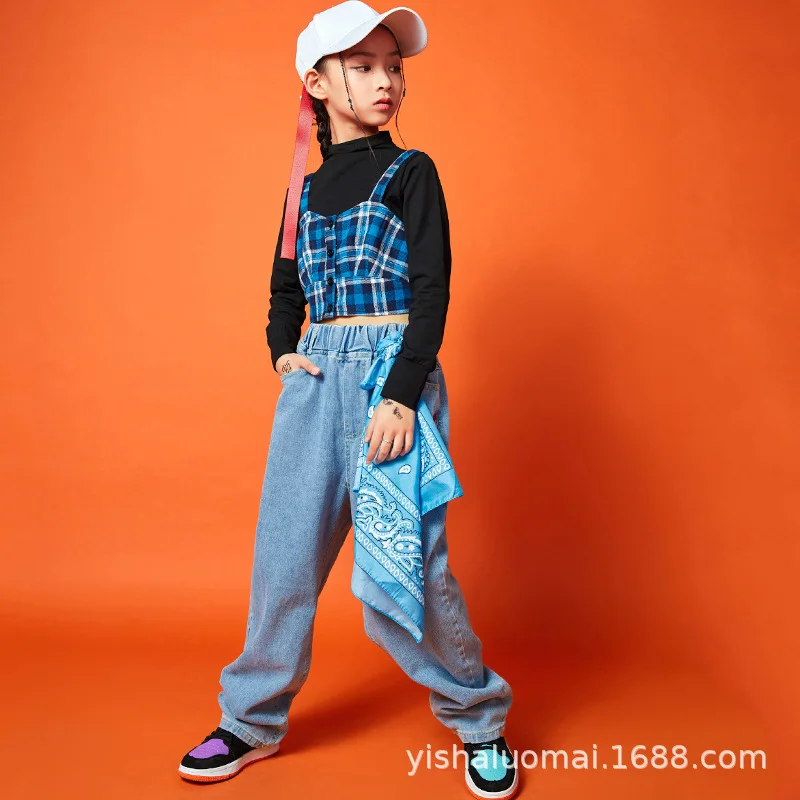 Fashion Streetwear Hip Hop Show Costumes for Girls Plaid Tank Top T-shirt Jeans Sets Cool Jazz Street Dance Performance Outfits