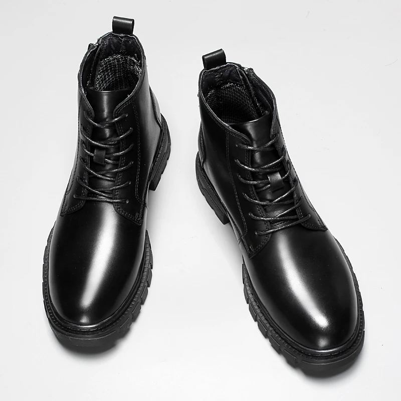 Zapatos altos de cuero genuino para hombre, zapatos cálidos de felpa a la moda para invierno, botines para exteriores con cordones, Botas antideslizantes para motocicleta