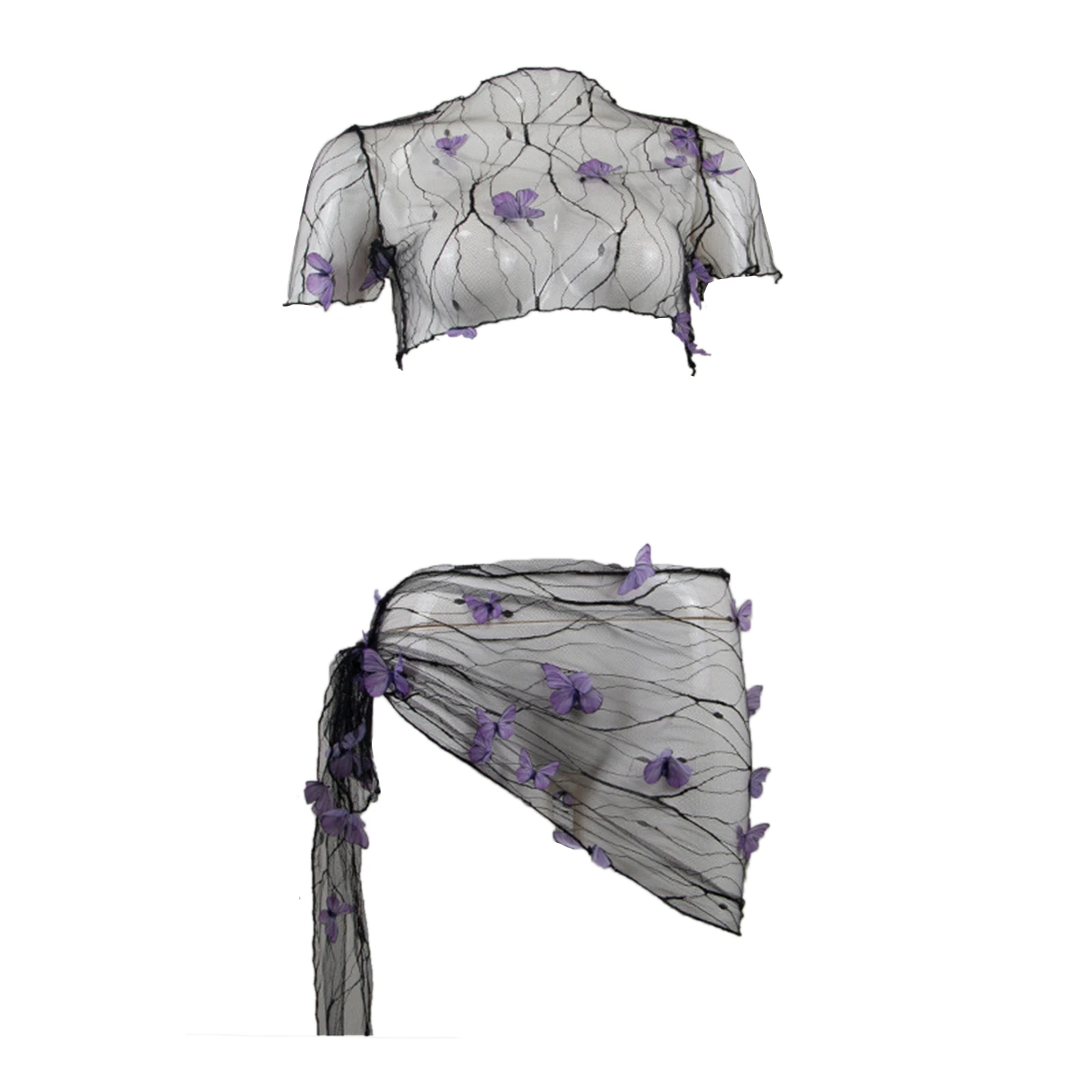 Women's Bikini Cover-up Set Mesh Sheer Three-dimensional Butterfly Decoration Short Sleeve Crop Tops Tie-up Sarong Wrap Skirt