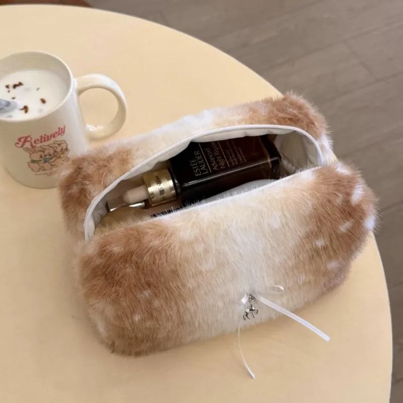 Trendy Plush Cosmetic Bag Large Capacity Portable Travel Makeup Organizer  High-End Essential for Washing Skincare Storage Case