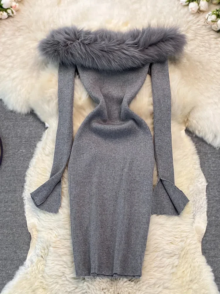 Autumn and Winter Fashion New Style Sexy One Shoulder Hairy Neck Dress Tight and Skinny Knitted Bottom Dress