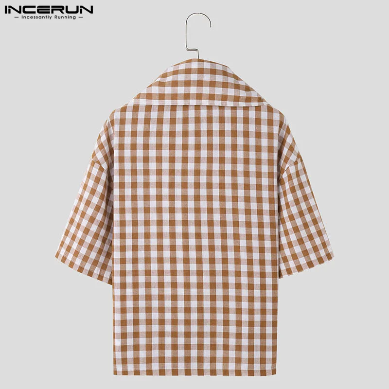 INCERUN Men T Shirt Plaid Lapel Short Sleeve Tie Up Casual Men Clothing Summer Streetwear 2024 Fashion Leisure Tee Tops S-5XL