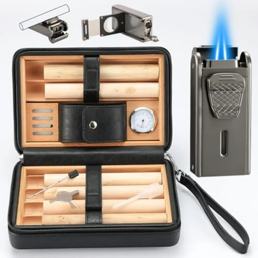 

Leather Cedar Wood Case and All in One Double Jet Flame Torch Lighter Set, Built-in Cutter, Punch and Holder Function, Travel B