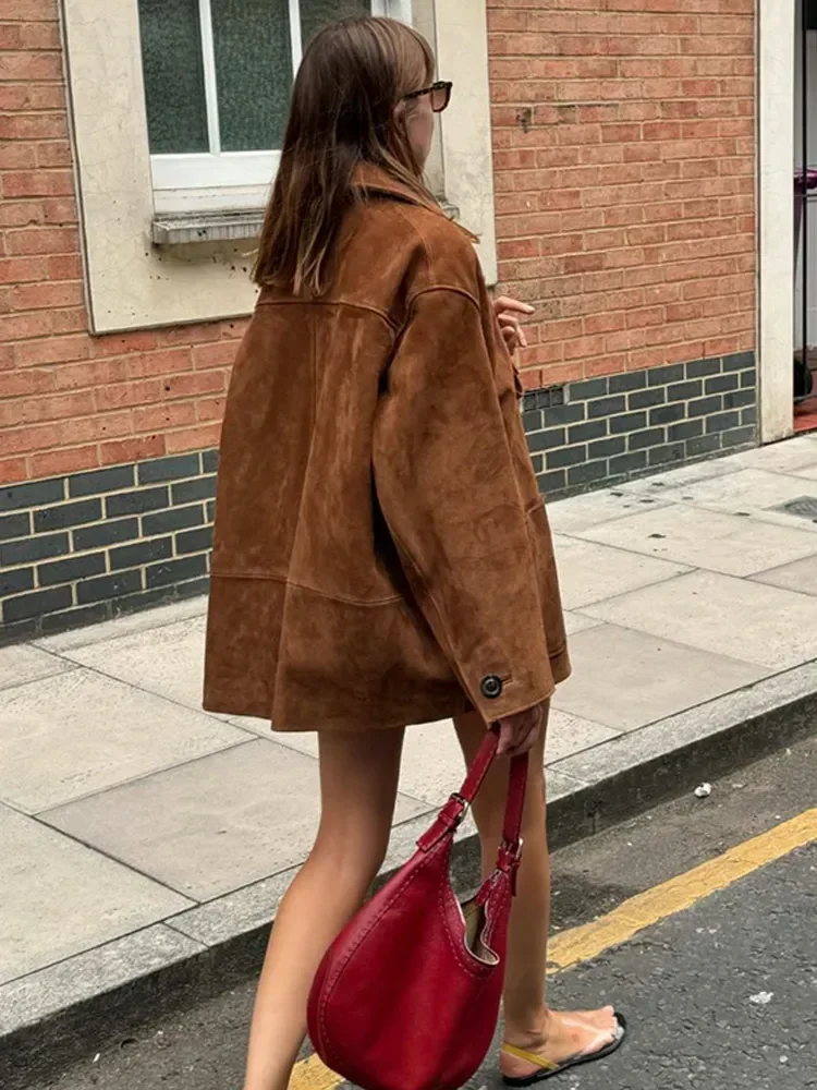 Vintage Brown Suede Leather Blazer Jackets For Women Fashion Lapel Single Breasted Pockets Crop Coats 2024 Lady Autumn Outerwear