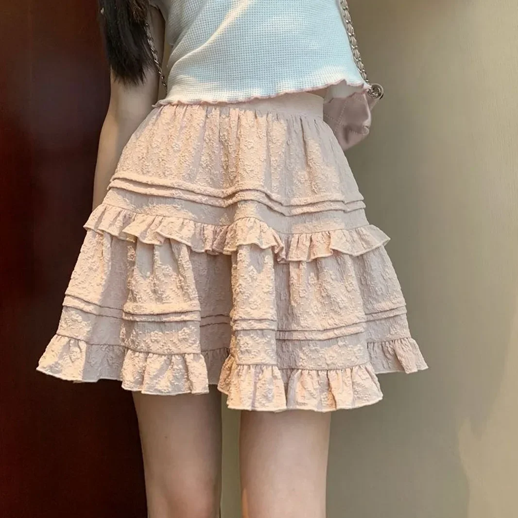 Japanese Sweet Mini Skirt Summer Women Pink High Waist Ruffle Cake Short Skirt Female Harajuku Y2k Aesthetic Pleated Fairy Skirt