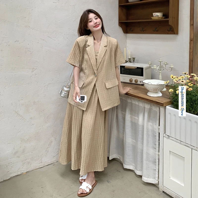 Khaki Sling Dress and Blazer Coat Two Piece Sets Women Outfits 2024 Summer Short Sleeve Loose Elegant Korean Style Suits 1108