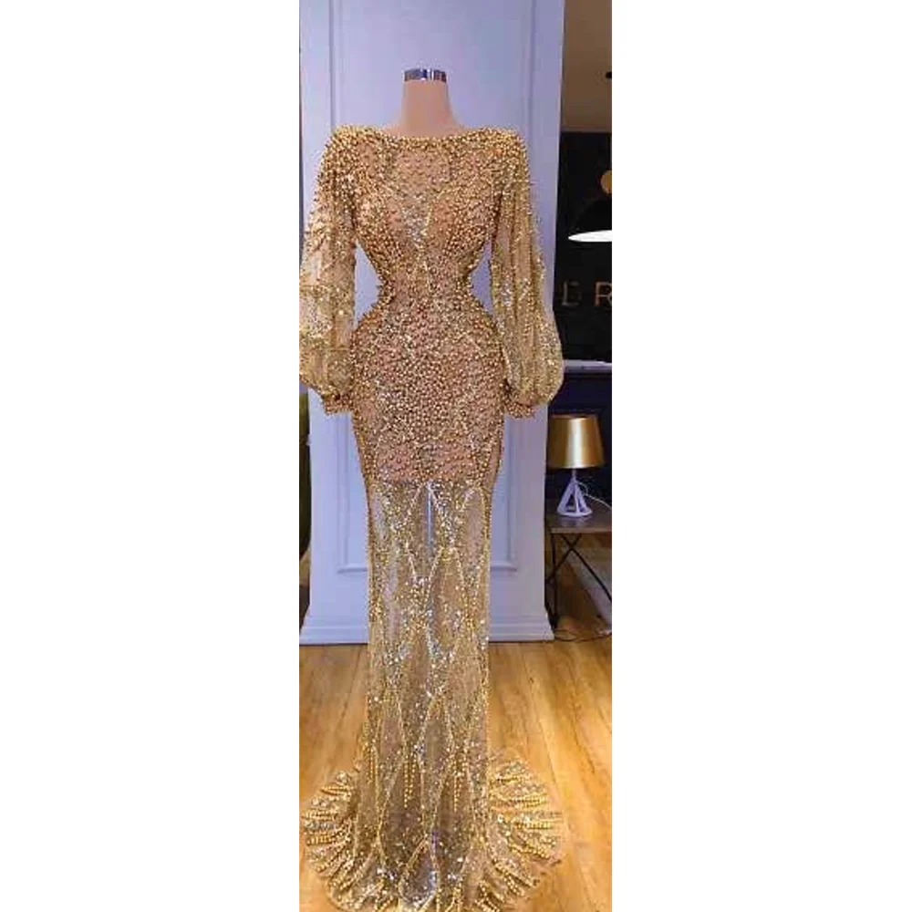 

Gorgeous Formal Mermaid Prom Dresses Boat Neck Puff Sleeves Golden Beads Floor-Length Evening Gown Custom Made Vestidos De Gala