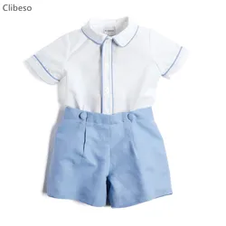 Clibeso 2024 Baby Boys Classic Clothes Set Children Spanish Boutique Clothing Suits White Shirts Blue Cotton Shorts Pants EID