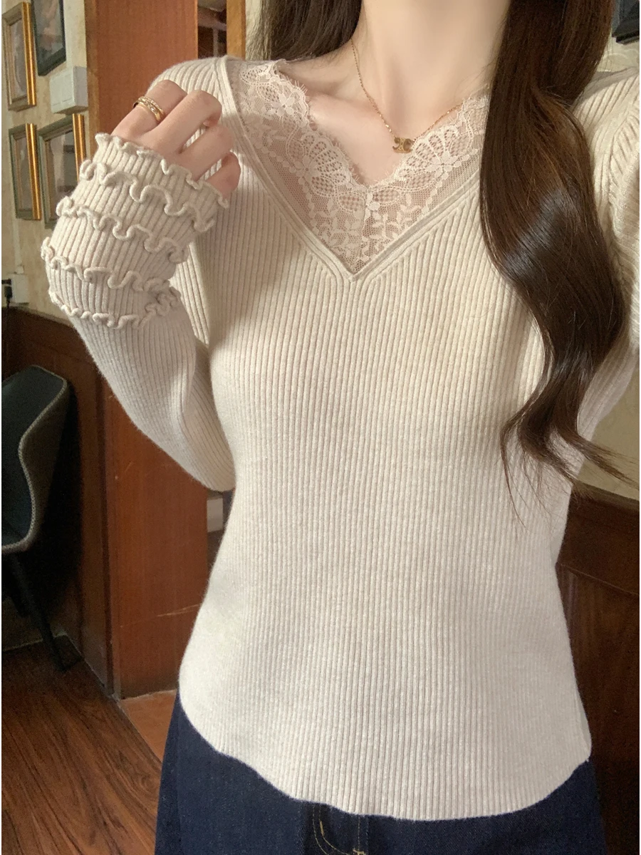 

Gentle Sle Women's Knitted Sweater V-Ne Lace Trim Inner Wear Slimming Spring New Faion Commute Regular Fit Long Sve