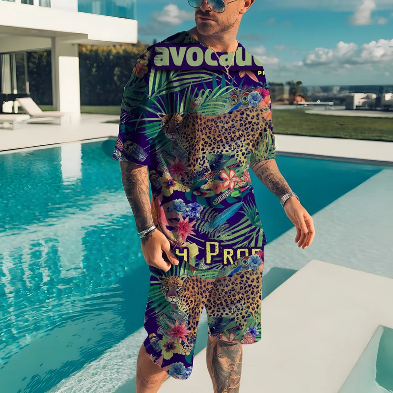 Summer Men's Two-piece Sportswear Fierce Tiger 3D Printed T-shirt Shorts Suit Street Casual T-shirt Top Shorts Clothing