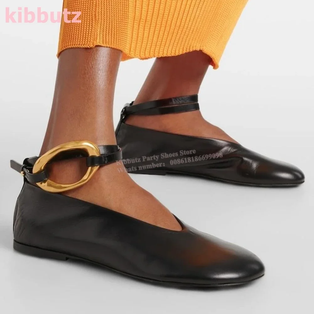 حلقة معدنية حزام الكاحل مضخات جولة تو شقة مع جلد طبيعي الانزلاق على الصلبة موضة أنيقة مثير فستان الحفلات أحذية النساء جديد