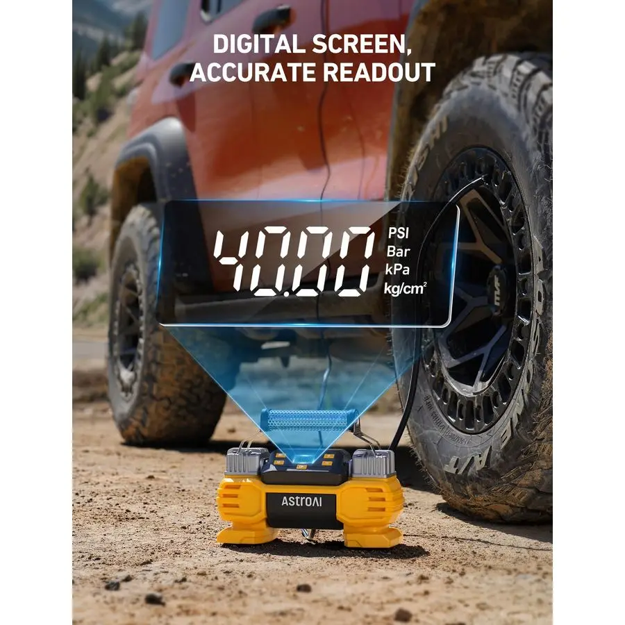 مضخة نفخ الإطارات المحمولة 160 رطل لكل بوصة مربعة تيار مستمر، إيقاف تلقائي مع شاشة، أسطوانات مزدوجة أمبير محركات مزدوجة، ضاغط هواء 12 فولت f #4