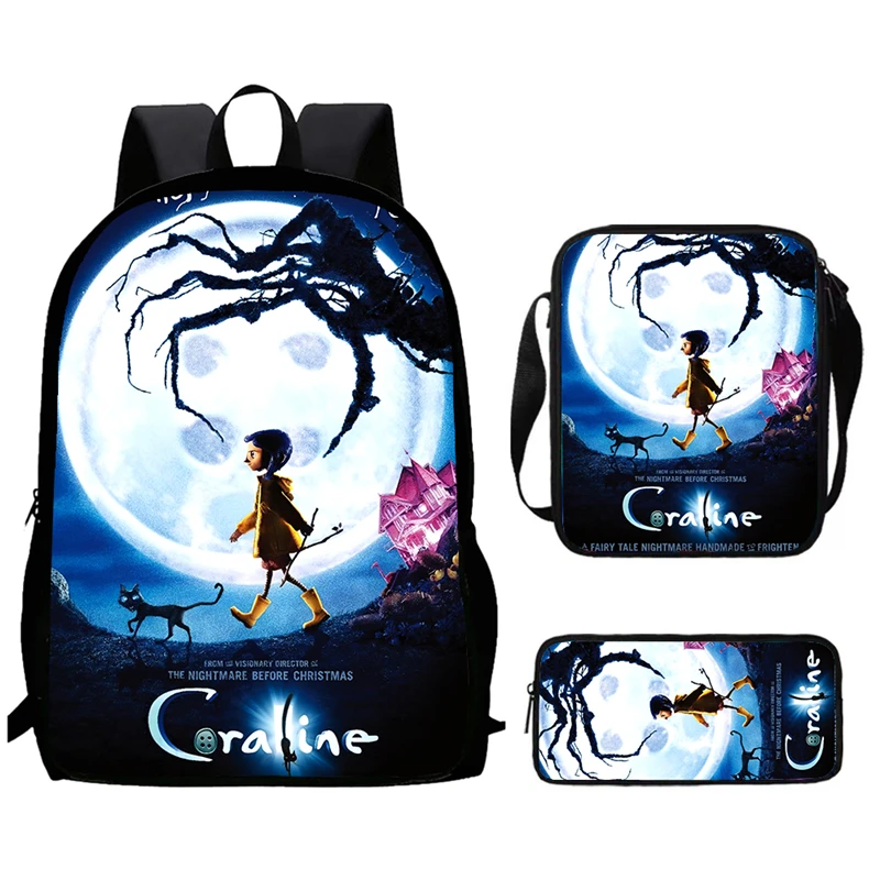 3Pc Set Co-ra-line Printed Kids School Backpacks with Shoulder Bag Pencil Case,Cartoon Child Book Bags for Pupil Students