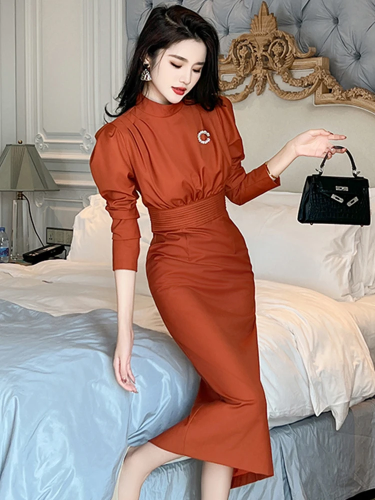 Women\'s Professional Dresses Retro Elegant Bubble Sleeve Pleated High Waist Wrap Hip Slit Midi Robe Femme OL Work Style Vestidos