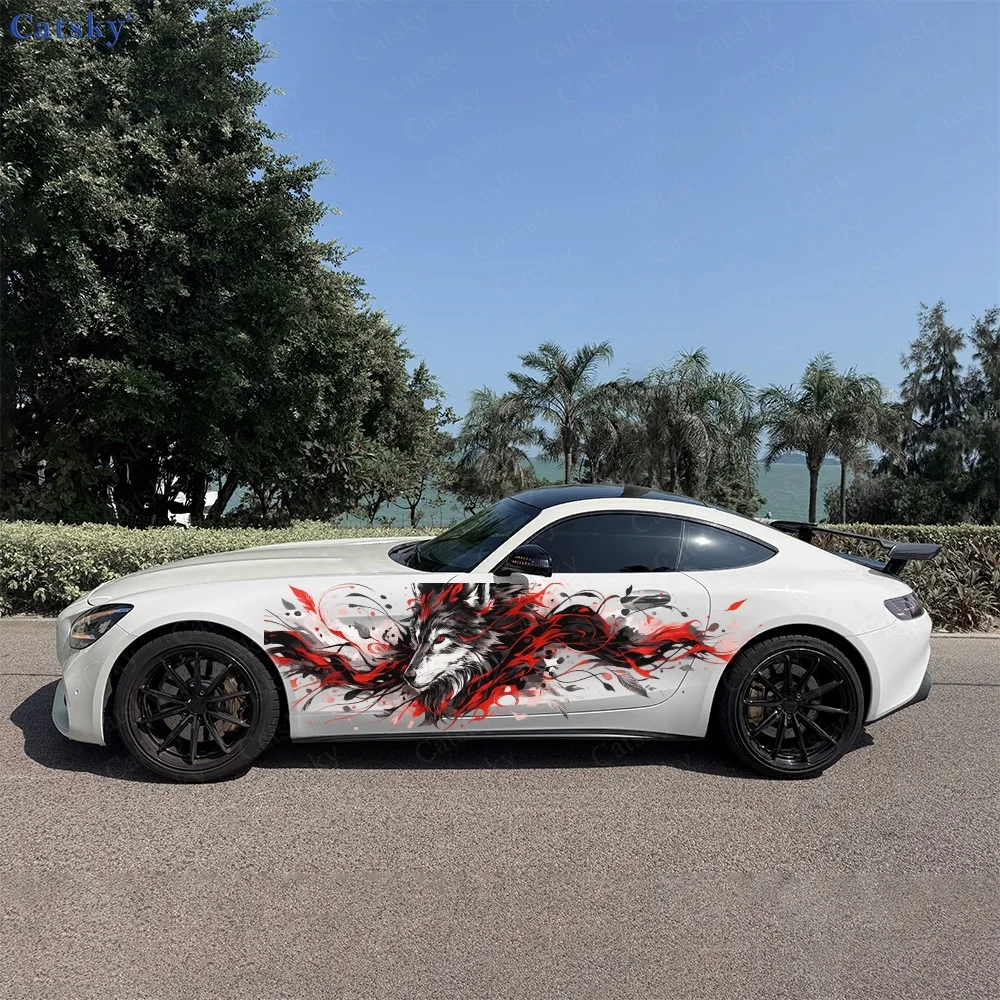 2Pcs Dynamic Wolf with Red and Black Swirls Car Side Stickers, Automotive Door Side Graphics for Cars, Car Decoration Accessory