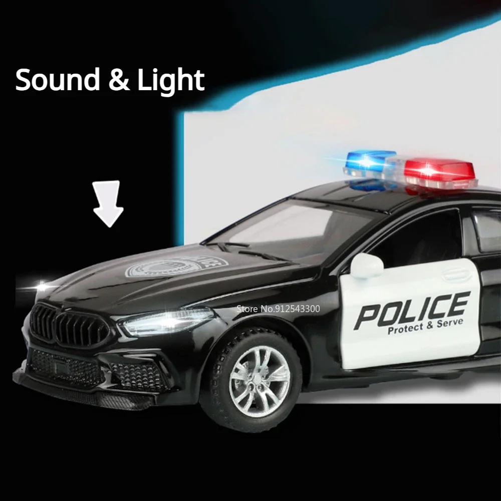 Modèle de voiture jouet M8 1:32 avec 2 portes, lumière musicale ouvrable, voitures de Police rétractables, Collection de jouets en alliage moulé sous pression pour enfants, cadeaux