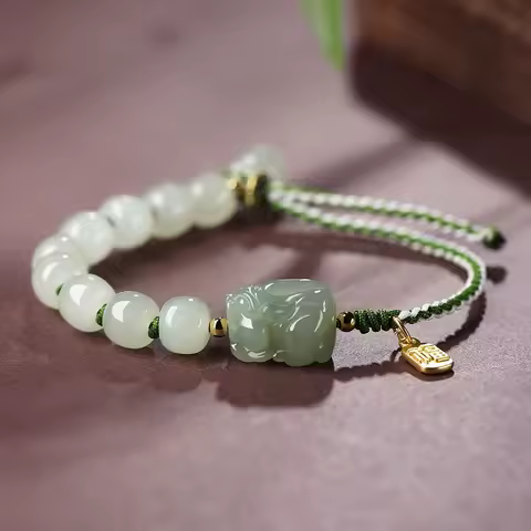 Natural Ice High-end Hetian Jade Lucky Brave Bracelet Men's and Women's Woven Handmade Hand Rope Gift Ins Niche Design Jewelry