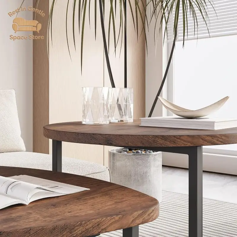 Light luxury solid wood coffee table living room home Nordic small apartment retro high and low combination coffee table