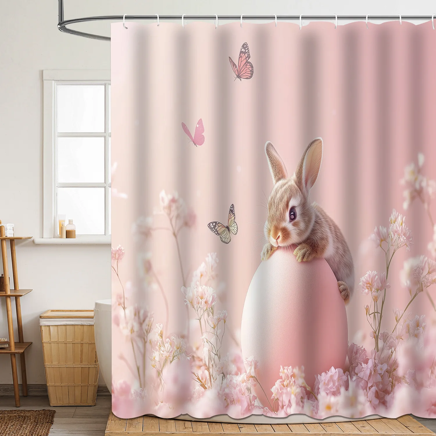 

1pcs Pink Easter Bunny Shower Curtain Lovely Bunny Eggs Waterproof Bath Curtain for Home Bathroom Decor 180x180cm with Hooks