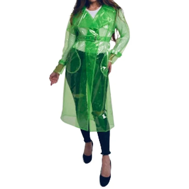 Sexy Lingerie Clear PVC Trench Jacket With Belt Transparent Long Coat Perspective Raincoats Jackets Women Clubwear Party S-7XL