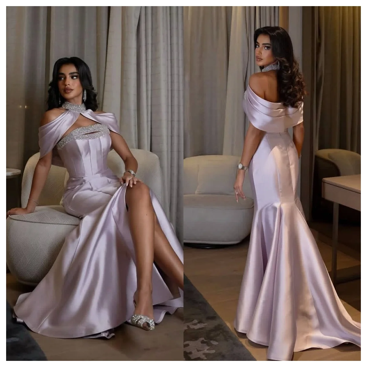 

Pink Purple Prom Dress Mermaid Satin Long Sleeve Customized Evening Dress Saudi Arabia Wedding Party Dress Sharon