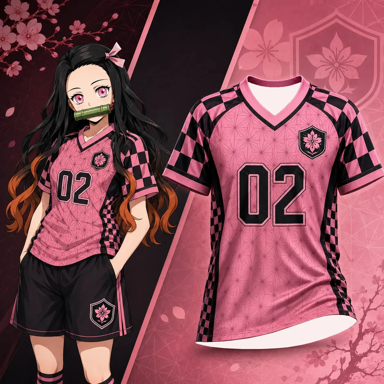Devil Killer Kimetsu No Yaiba Nezuko Kamado Football Jersey Size 02 Pink Checkerboard Pattern Short Sleeved Anime Street T-shirt