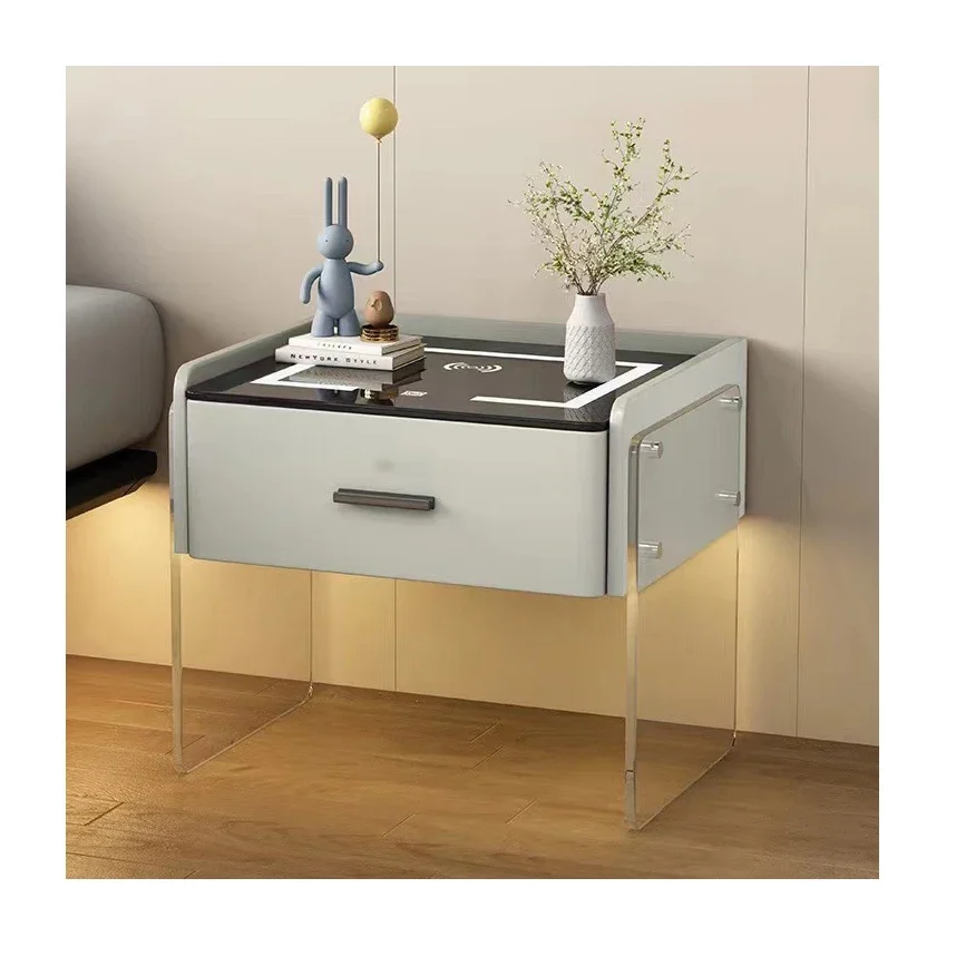 

z New Modern Light Grey Acrylic Smart Bedside Table Nightstand For Bedroom Living Room With Wireless Charger